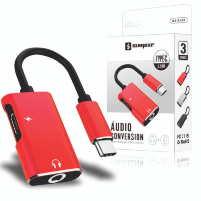 Adaptador Tipo C e P2 Carregamento e Áudio SUMEXR - SX-ZJ23 - Prata